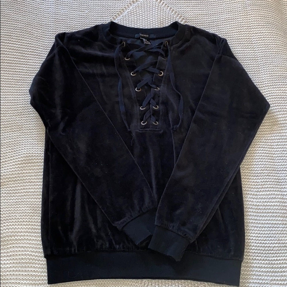 Velour black lace up sweatshirt